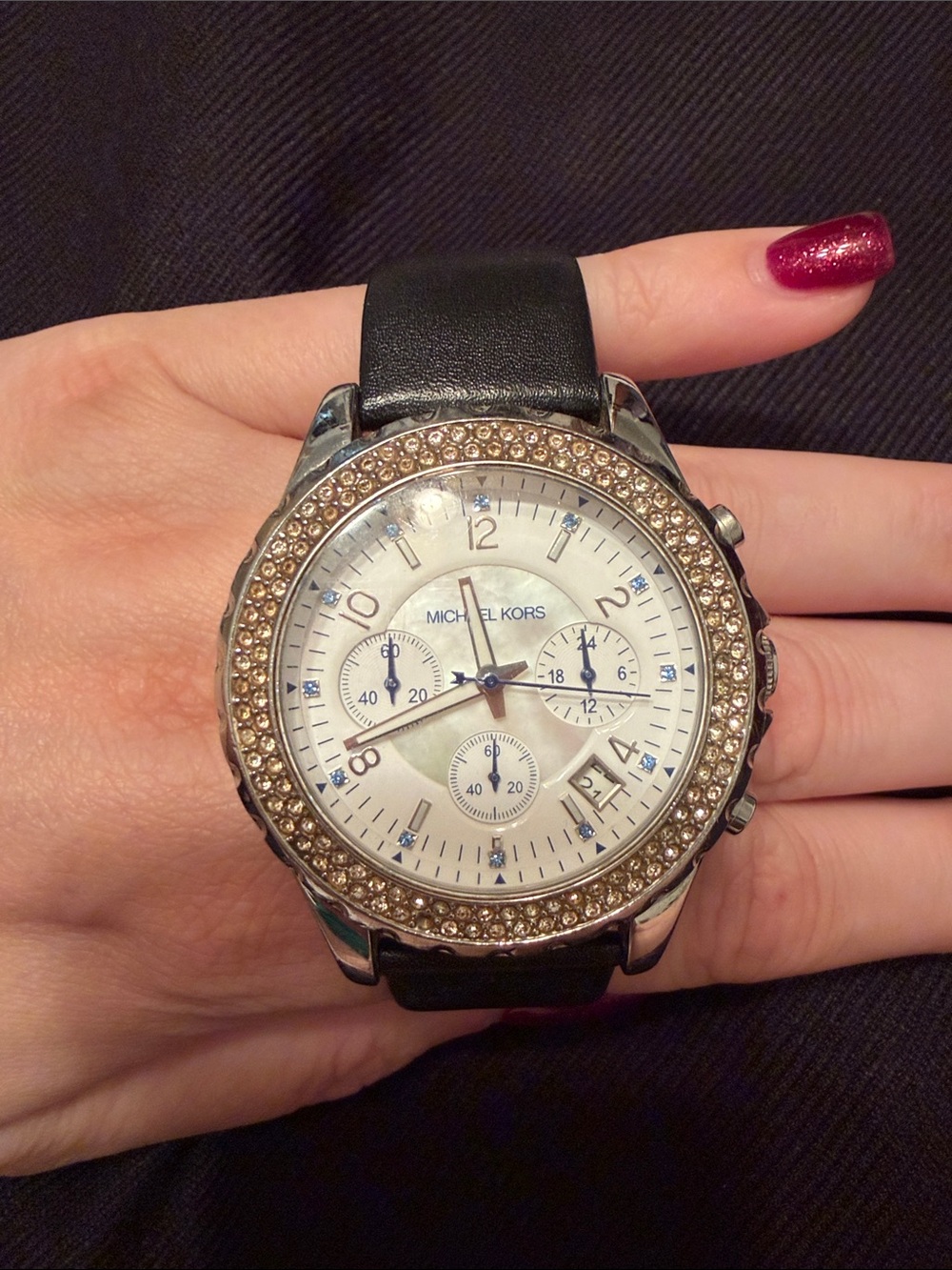 Michael Kors Silver Dial Watch with Gold Crystal Bezel and Black Strap - Picture 1 of 3